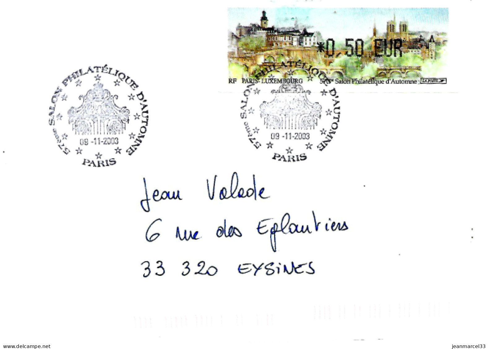 Lettre Vignette Illustrée Salon Philatélique D'Automne Paris 09-11-2003 Cachet Temporaire - Covers & Documents