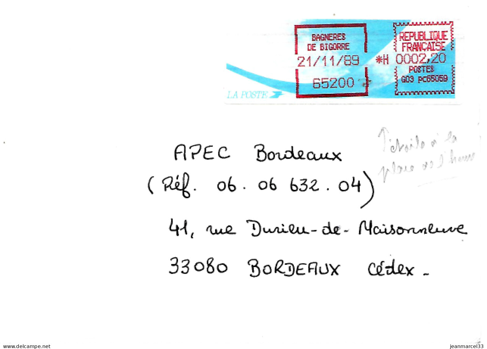 Lettre Vignette Comète Bagnères De Bigorre 21/11/89 Affranchissement à 2,20 - Storia Postale