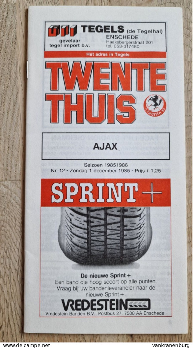 Programme FC Twente - Ajax Amsterdam - 1.12.1985 - KNVB Eredivisie - Holland - Programm - Football - Boeken