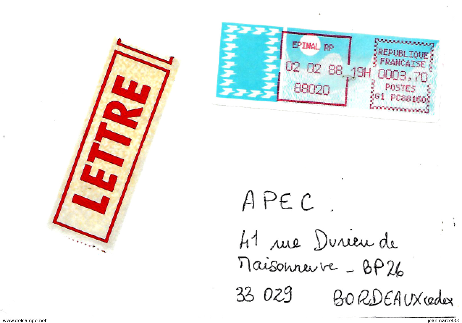 Lettre Vignette Carrier Epinal RP 02 02 88 Affranchissement à 3,70 - Brieven En Documenten