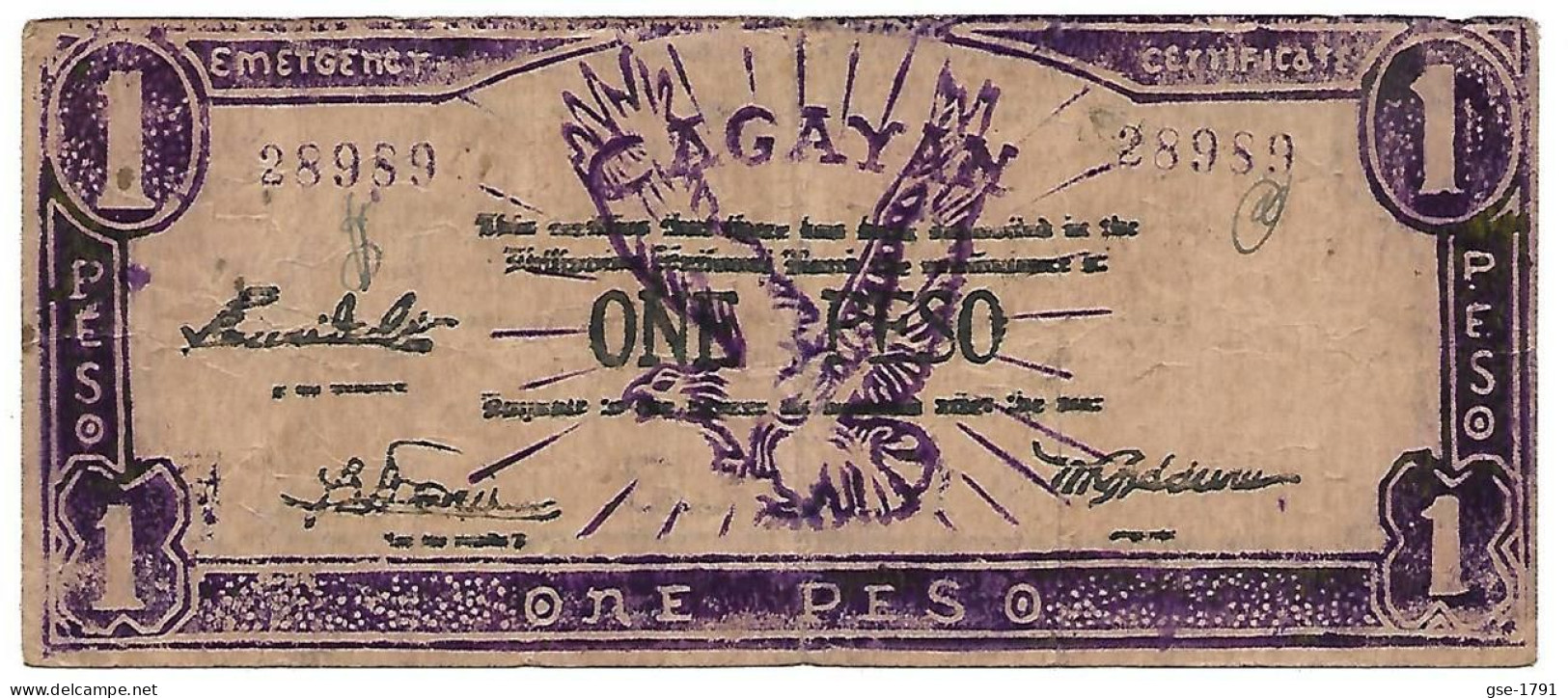 PHILIPPINES  CAGAYAN Province ONE Peso #187  Pourpre Avec Texte NOIR Et  PROV. TROAS ,  TTB - Philippines