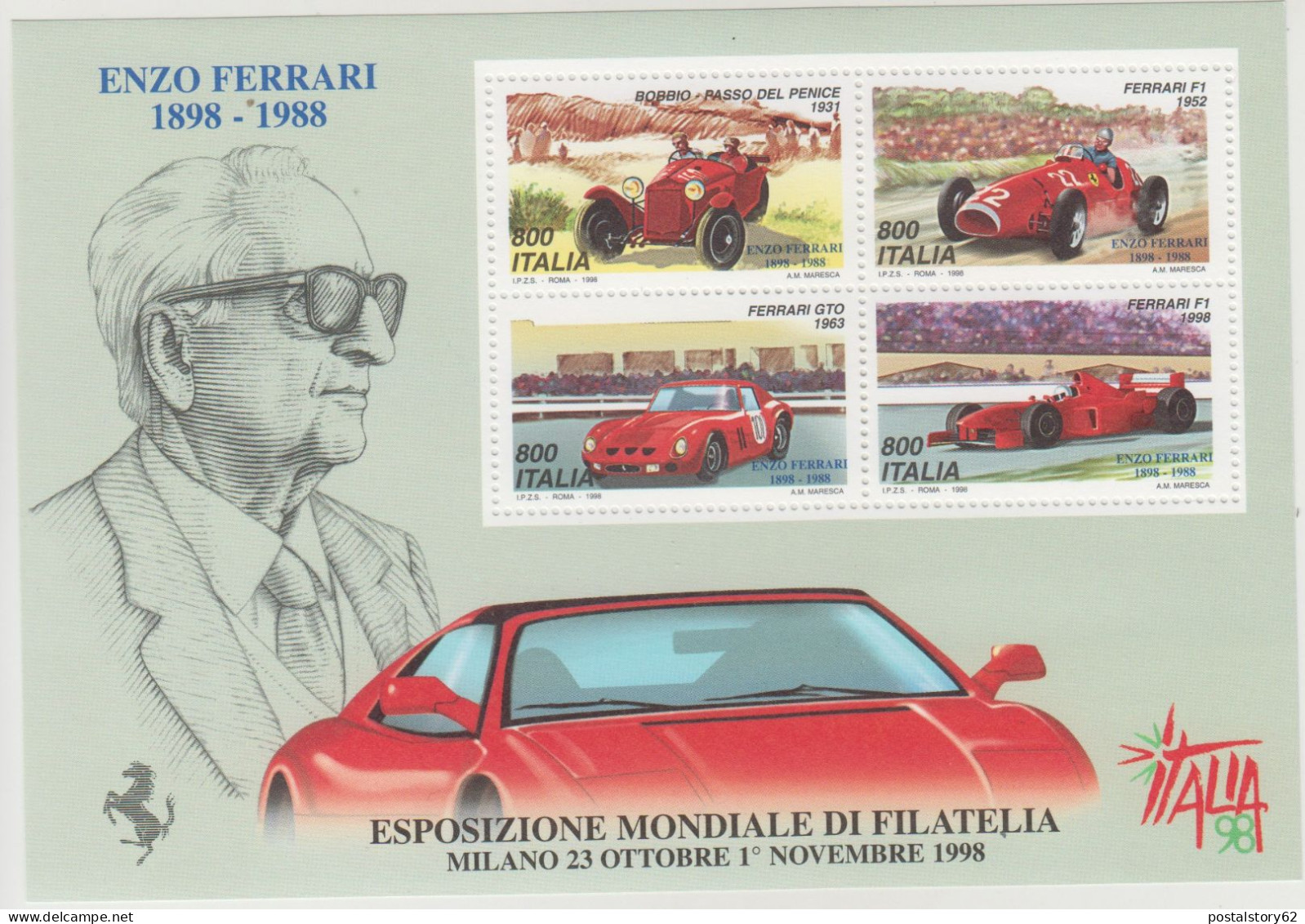 Enzo Ferrari 1898 - 1988 " Esposizione Mondiale Di Filatelia " Milano 23 Ottobre - 01 Novembre 1998 - - Complete Vellen