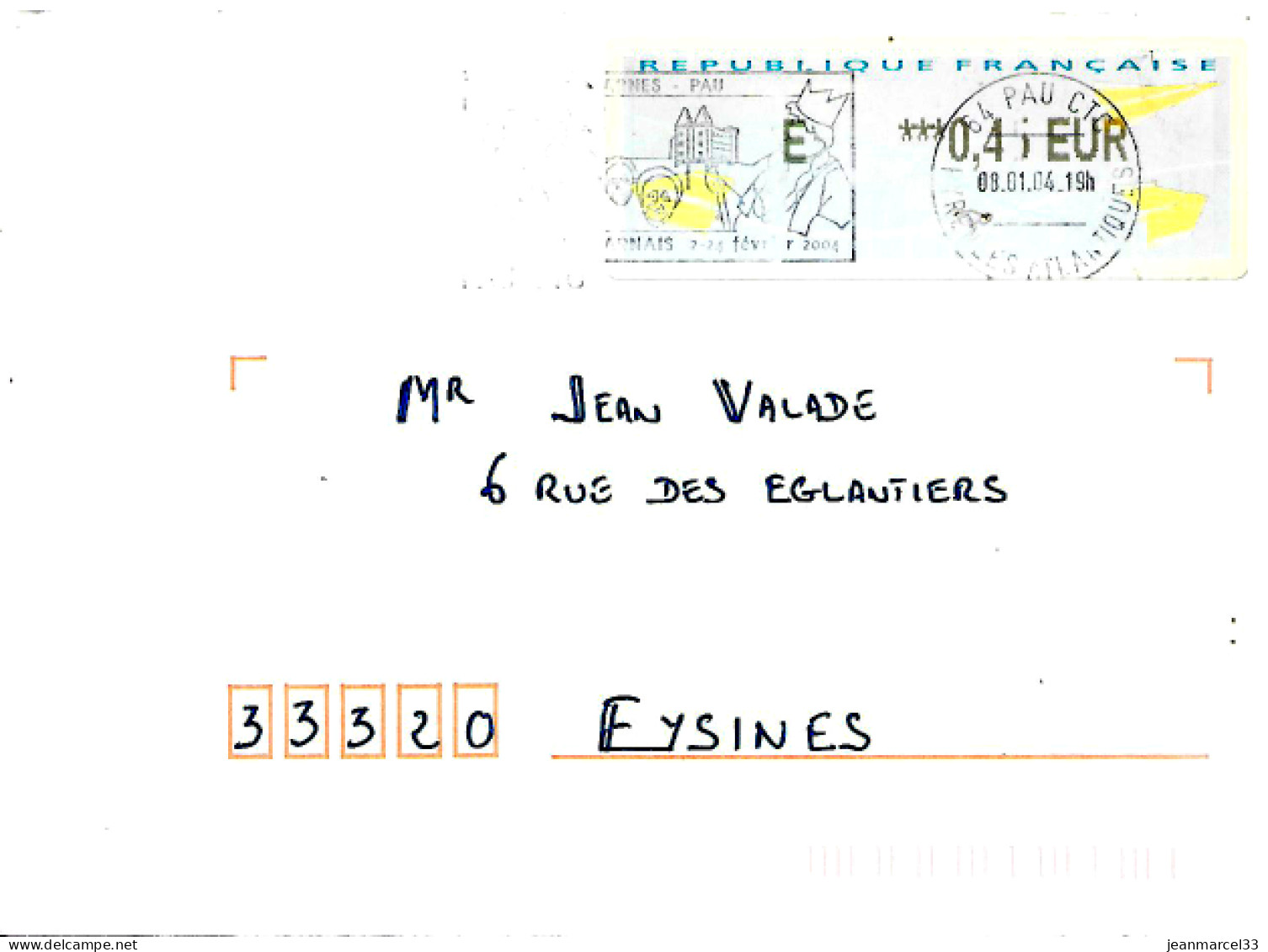 Lettre Vignette Avion En Papier 64 Pau CTC 08.01.04. Affranchissement à 0,45 € - Briefe U. Dokumente