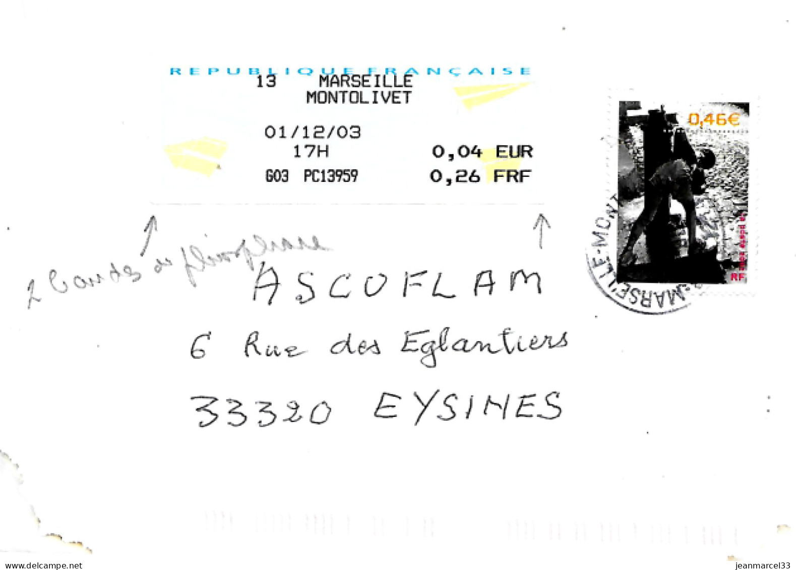 Lettre Vignette Avion En Papier En Complèment D'affranchissement à 0,04 € 13 Marseille Montolivet 01/12/03 - Brieven En Documenten