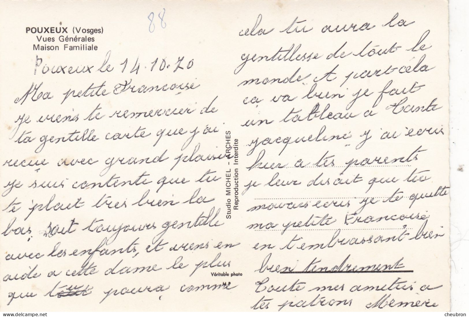 88. POUXEUX ELOYES .CARTE MULTIVUES. " SOUVENIR DE POUXEUX " . 4 VUES GENERALES. MAISON FAMILIALE. + TEXTE ANNÉE 1970 - Pouxeux Eloyes