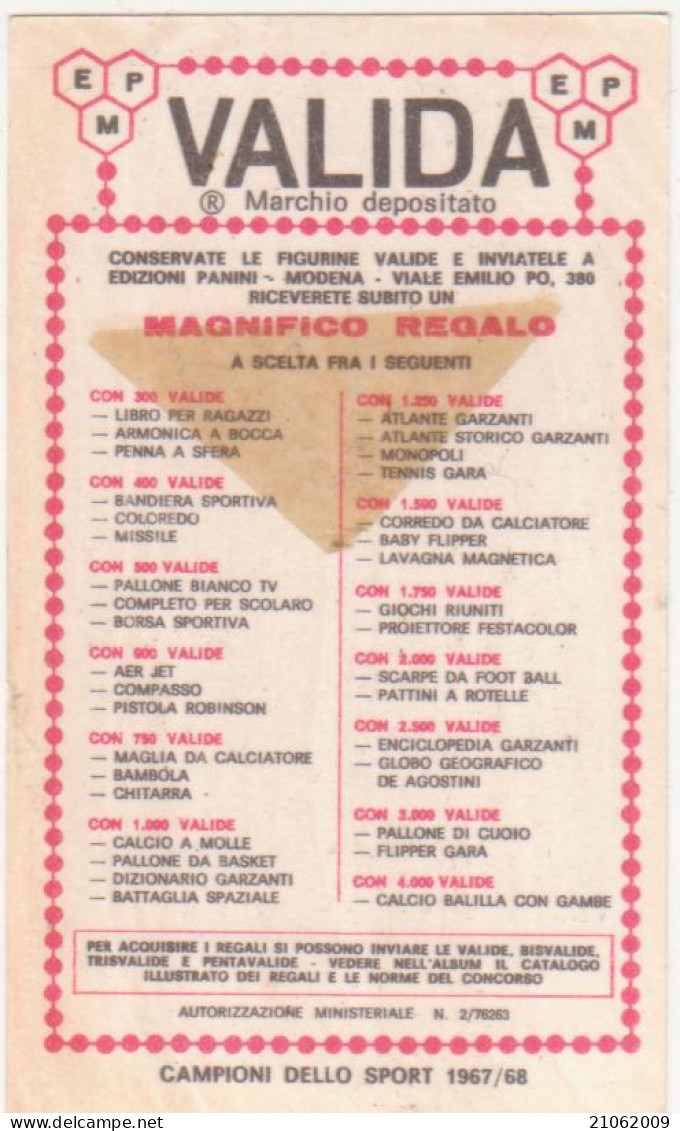 11 ATLETICA LEGGERA - VALIDA - PASQUALE GIANNATTASIO - CAMPIONI DELLO SPORT 1967-68 PANINI STICKERS FIGURINE - Athlétisme