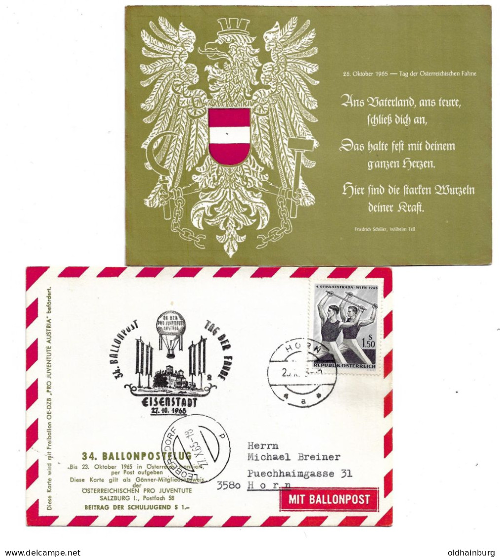 2302x: Österreich 1965: Ballonpost Eisenstadt, Landung Leobersdorf, Zuleitung Horn - Horn