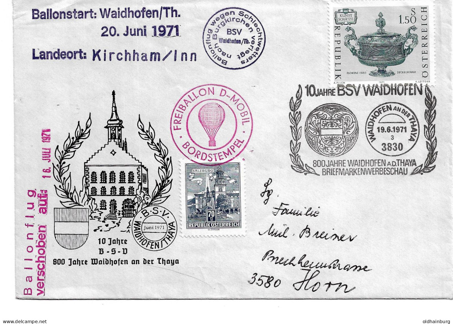 2302r: Österreich 1971, Ballonstart Waidhofen "wegen Schlechtwetter Verlegt" - Waidhofen An Der Thaya