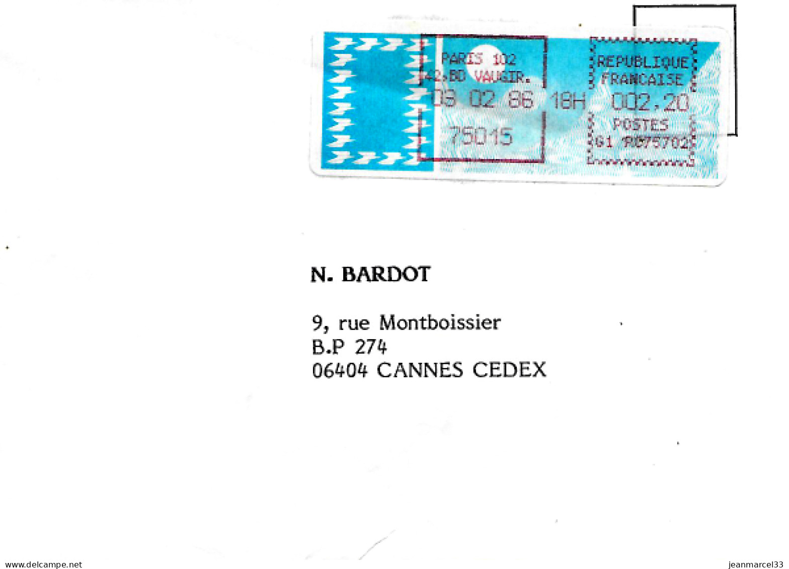 Lettre Vignette Carrier Paris 102 42,Bd Vaugir. 03 02 86 Affranchissement à 2,20 - Lettres & Documents