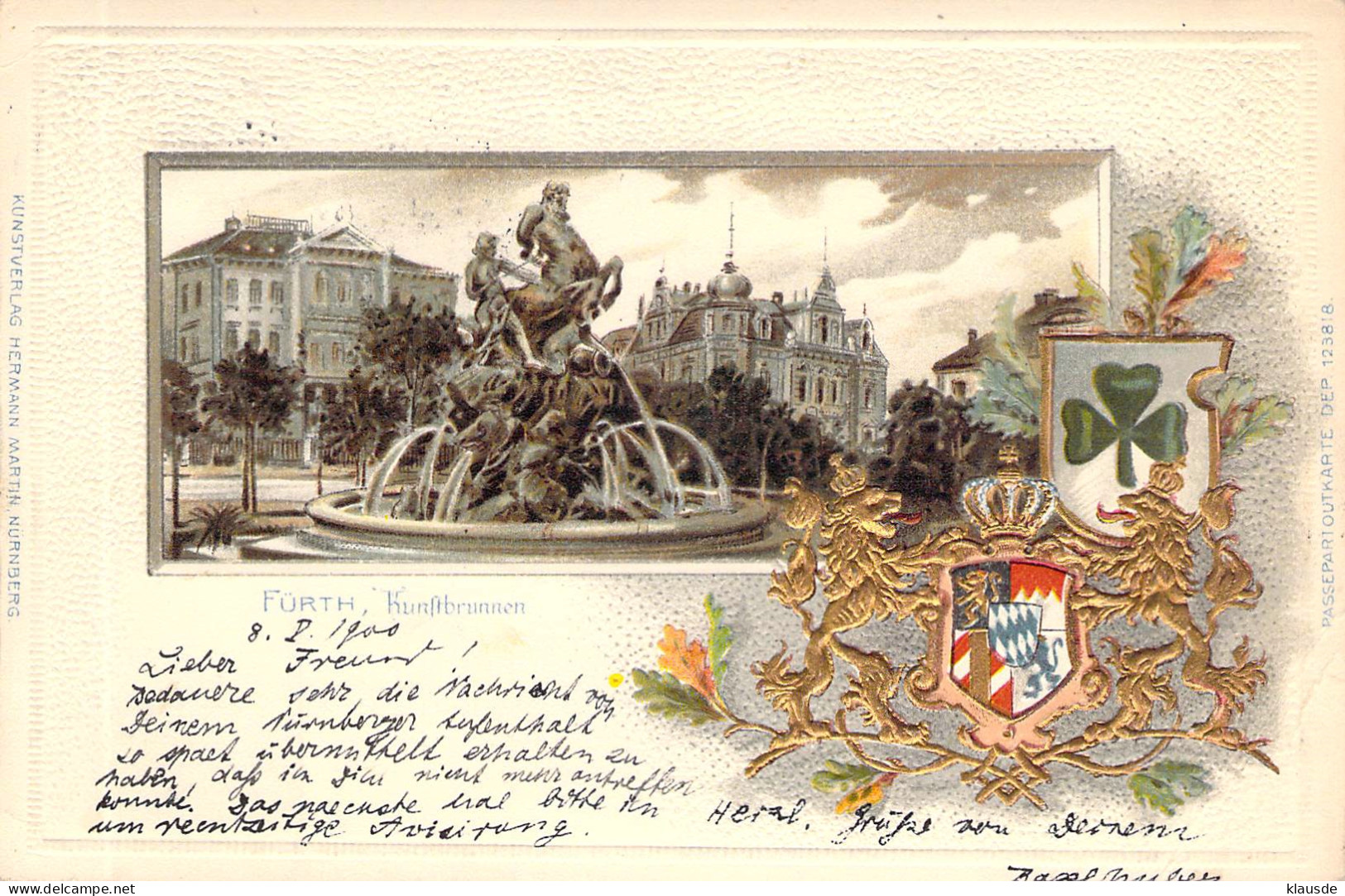 Fürth - Kunstbrunnen Gel.1900 AKS Passepartout & Wappenkarte - Fuerth