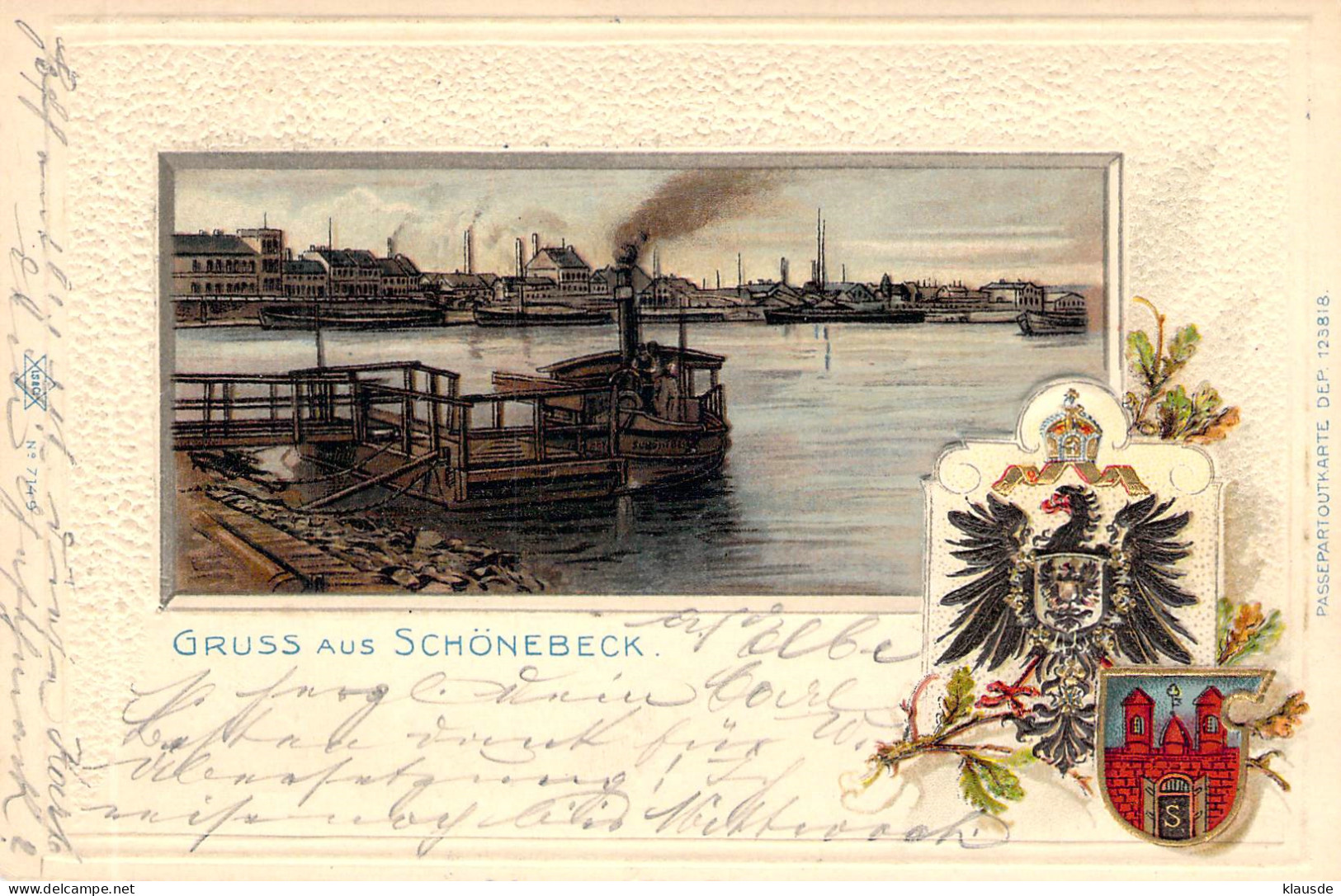 Gruß Aus Schönebeck - Flusspanorama Gel.190? AKS Passepartout & Wappenkarte - Schoenebeck (Elbe)