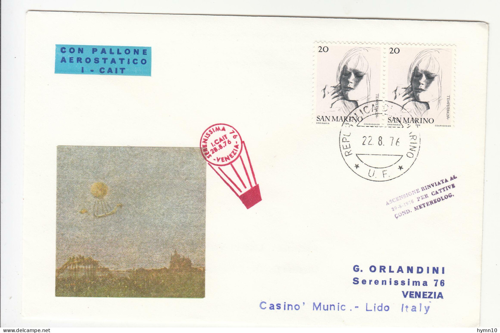 1976 SAN MARINO-VENEZIA PALLONE AEROSTATICO I-CAT+viaggiata-B470 - Cartas & Documentos