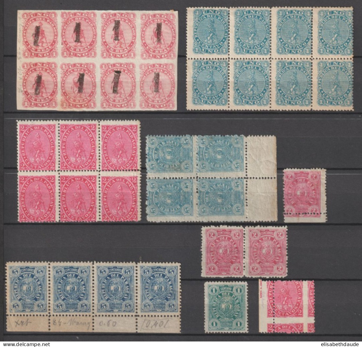 PARAGUAY - 1884 - YVERT N°17/20a En BLOCS De 4/6 + VARIETES RARES PIQUAGES ! **/* MNH/MLH - - Paraguay