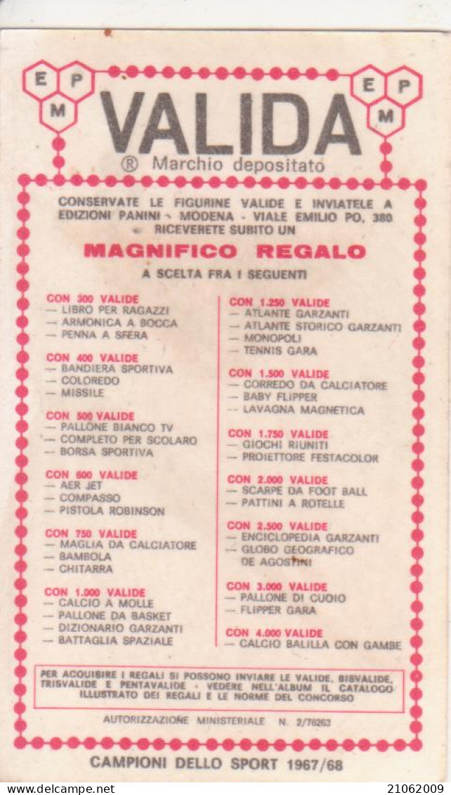 31 ATLETICA LEGGERA - PIERLUIGI GATTI - VALIDA - CAMPIONI DELLO SPORT 1967-68 PANINI STICKERS FIGURINE - Athlétisme