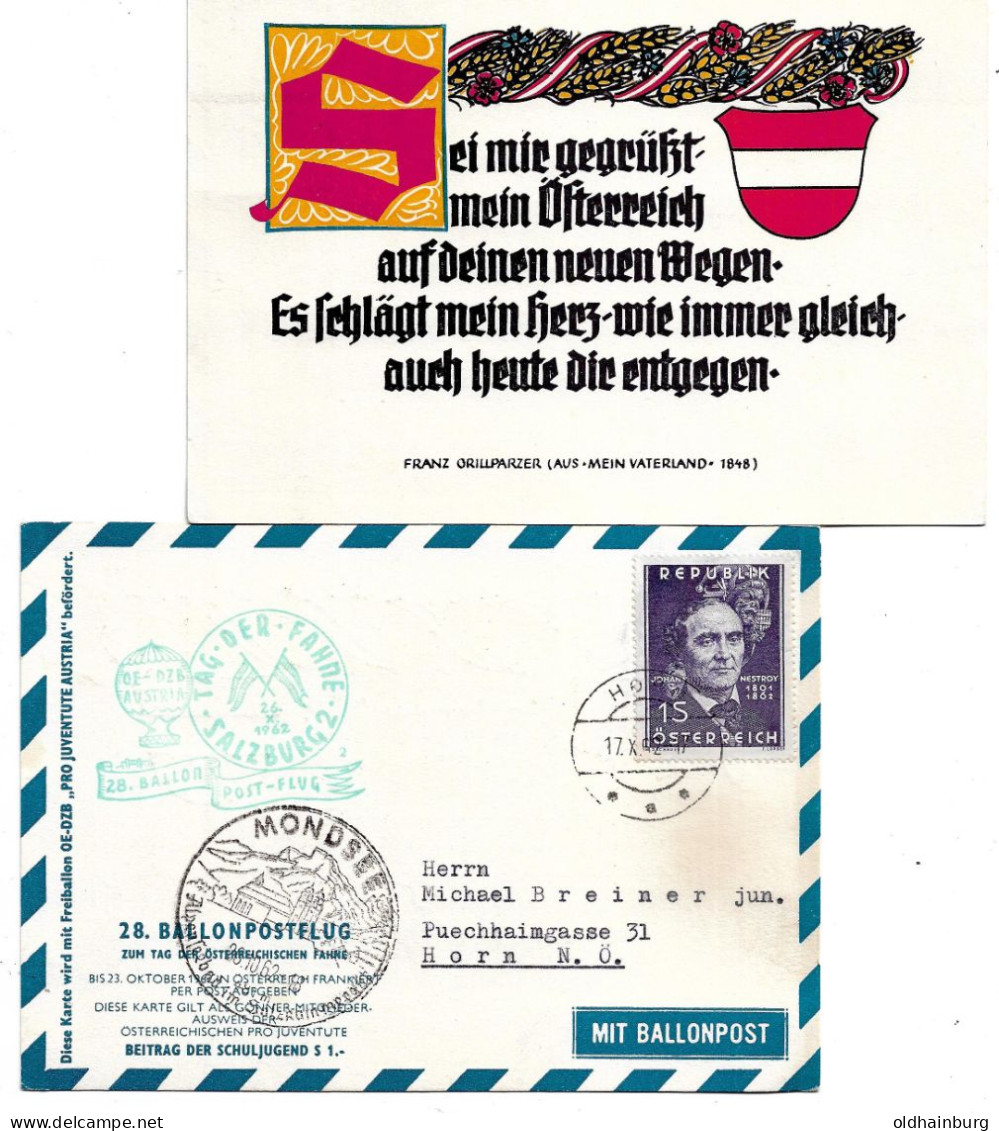 2302e: Österreich 1962, Sei Gegrüßt Mein Vaterland (Ballonpost Zuleitung Horn Mit Nestroymarke & Grillparzer- Zitat) - Horn