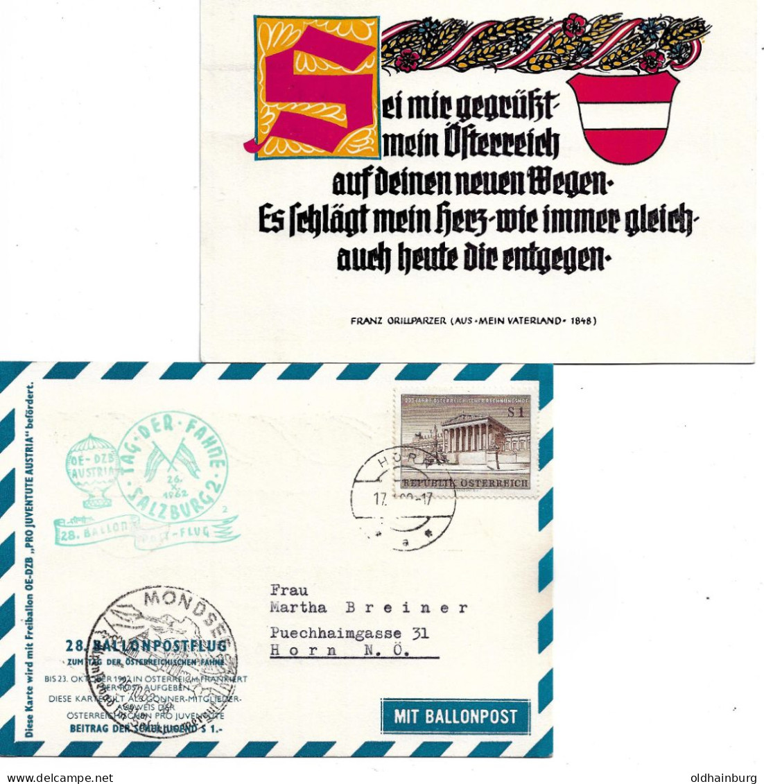 2302f: Österreich 1962, Sei Gegrüßt Mein Vaterland (Ballonpost Zuleitung Horn), Grillparzer- Zitat - Horn