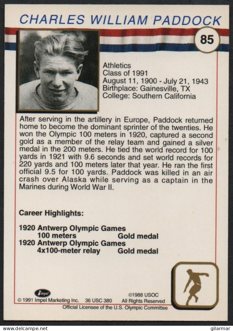 UNITED STATES - U.S. OLYMPIC CARDS HALL OF FAME - ATHLETICS - CHARLES PADDOCK - SPEED RACE - # 85 - Trading-Karten