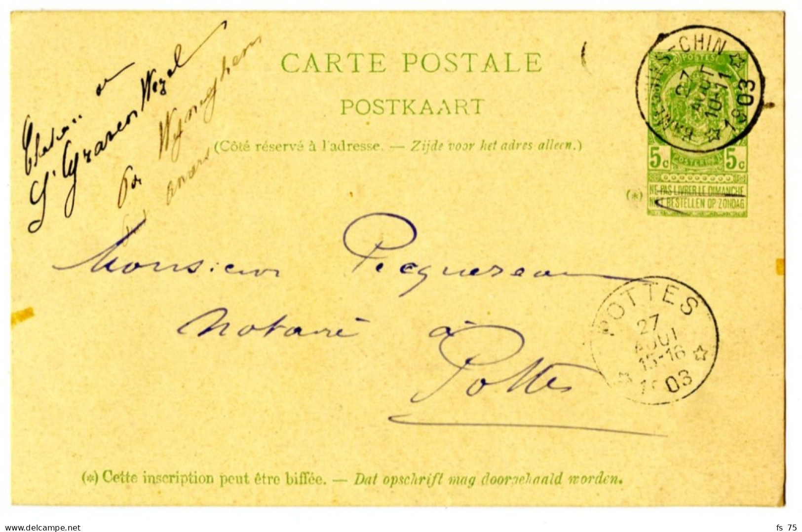 BELGIQUE - SIMPLE CERCLE RELAIS A ETOILES RAMEGNIES-CHIN SUR ENTIER CARTE LETTE 5C ARMOIRIES, 1903 - Postmarks With Stars
