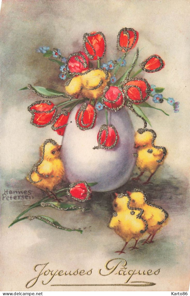 Hannes PETERSEN * CPA Illustrateur Petersen * N°302 * Joyeuses Pâques * Poussins Vase Fleurs Tulipes * Paillettes - Petersen, Hannes