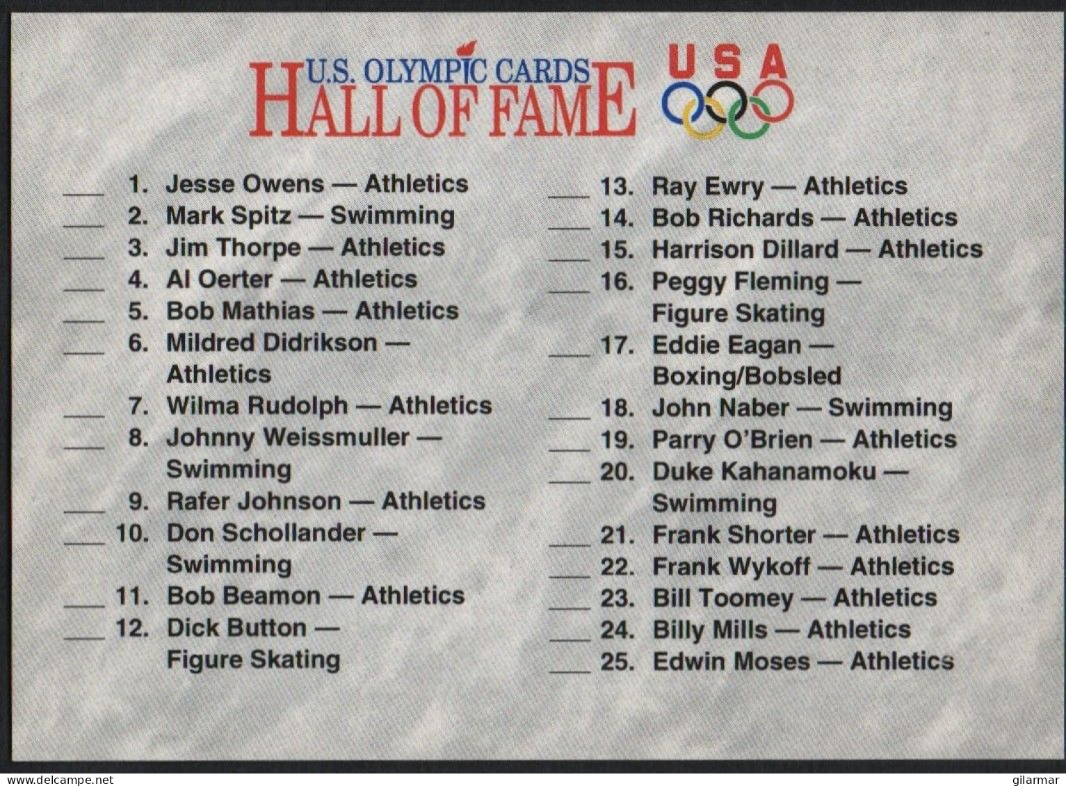 UNITED STATES - U.S. OLYMPIC CARDS HALL OF FAME - CHECKLIST - # 89 - Trading Cards