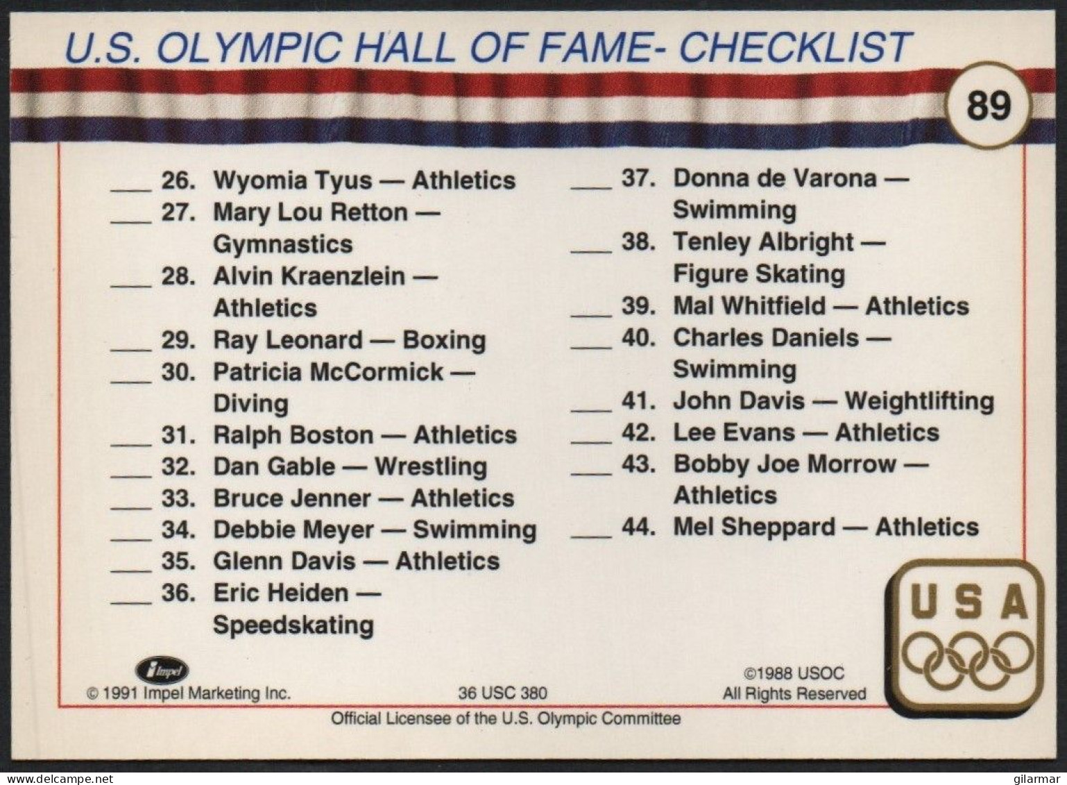 UNITED STATES - U.S. OLYMPIC CARDS HALL OF FAME - CHECKLIST - # 89 - Trading Cards