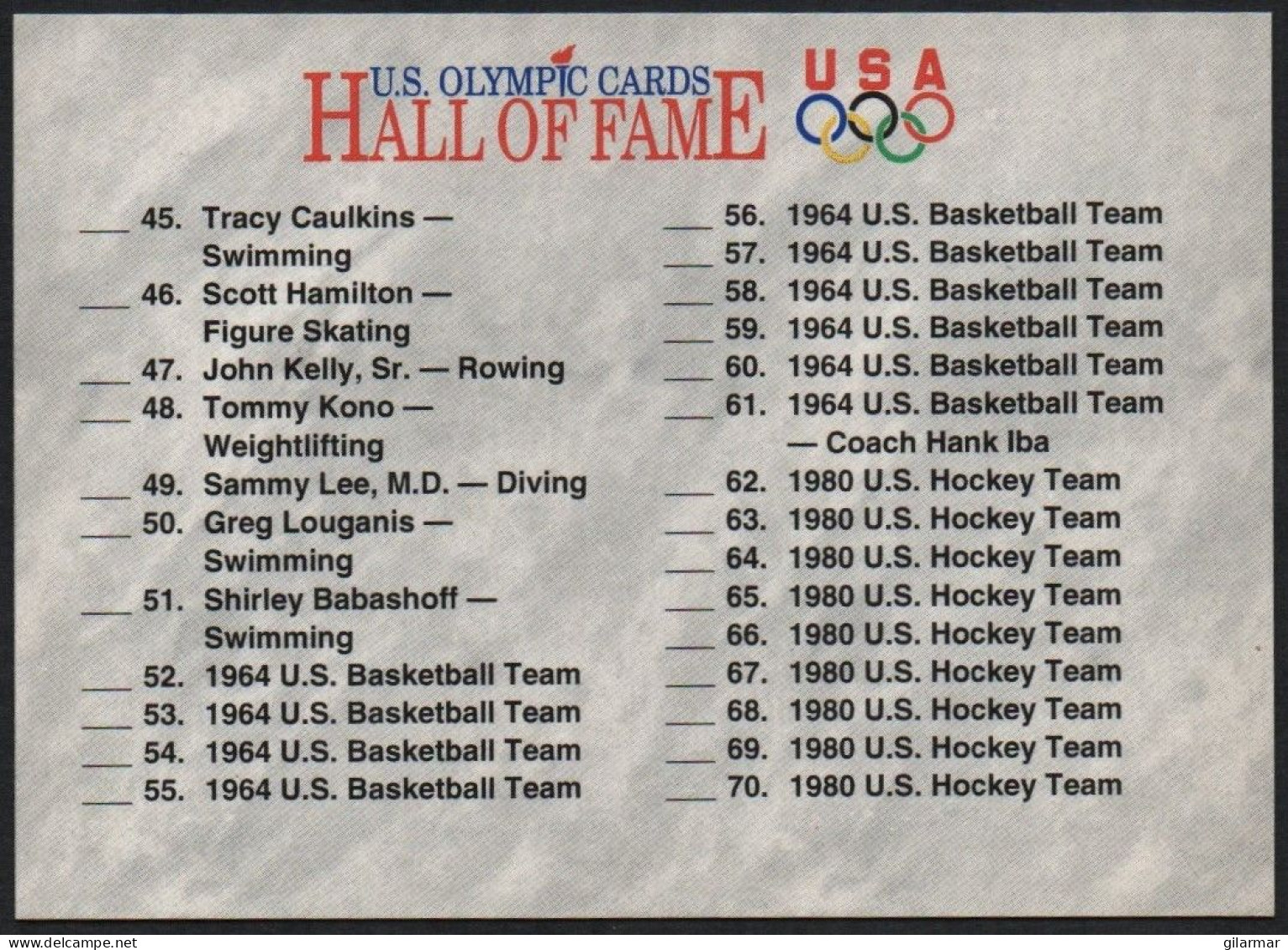 UNITED STATES - U.S. OLYMPIC CARDS HALL OF FAME - CHECKLIST - # 89 - Trading Cards