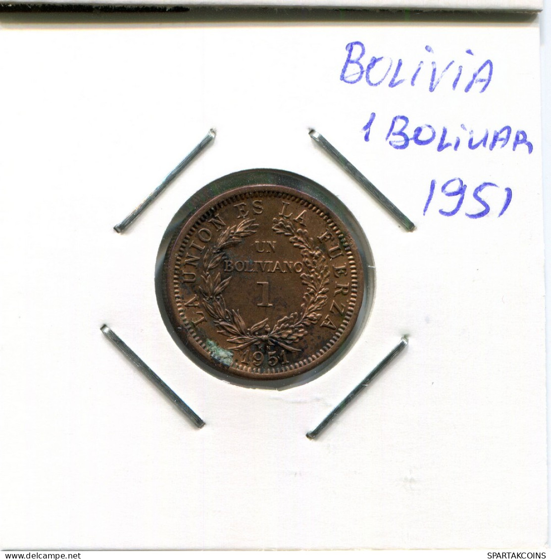 10 Bolivianos / 1 Bolivar 1951 BOLIVIA Moneda #AR297.E - Bolivie