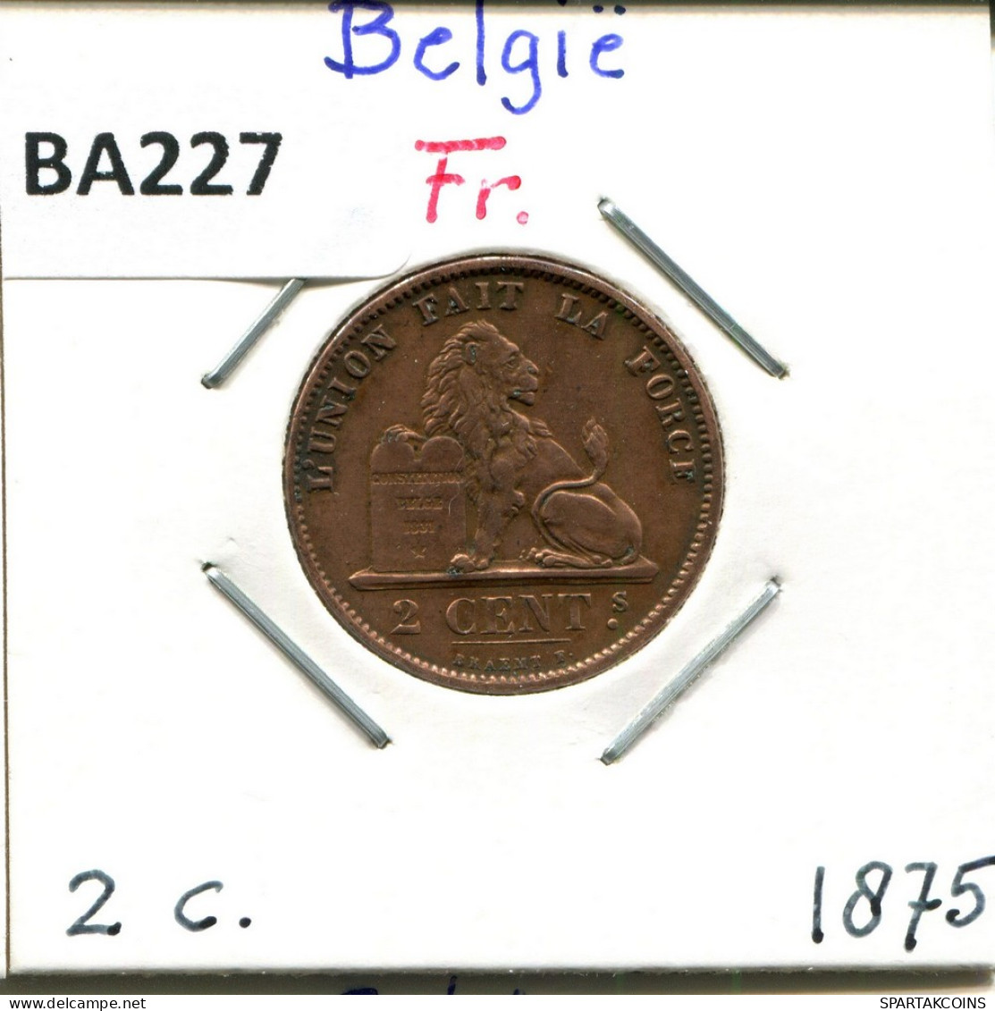 2 CENTIMES 1875 FRENCH Text BELGIQUE BELGIUM Pièce #BA227.F - 2 Centimes