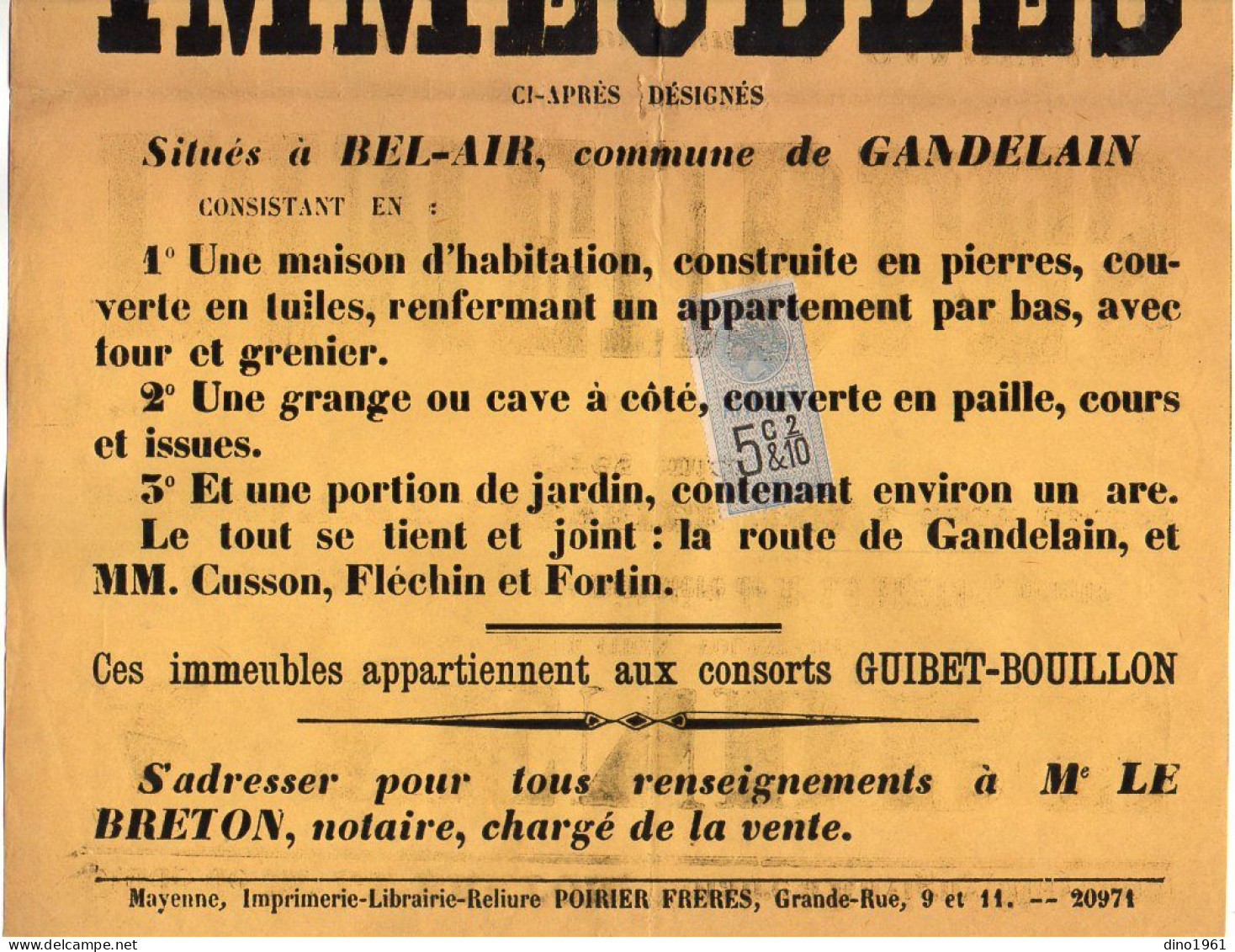 VP21.886 - 1902 - Affiche 28 X 39 - Etude De Me LE BRETON Notaire à RAVIGNY - Vente D'Immeubles Situés à GANDELAIN - Manifesti