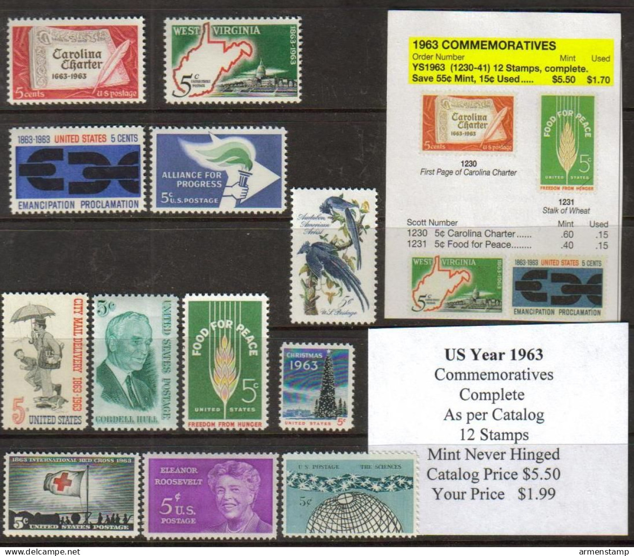 USA Complete 1963 COMMEMORATIVES 12 STAMPS Year Set - Années Complètes