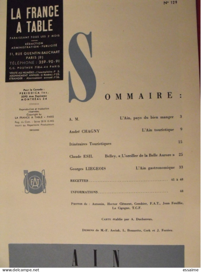 La France à Table N° 129. 1967. Ain. Brou Bourg Nantua Belley Ars Ambronay Perouges  Chazey. Cuisine Gastronomie - Toerisme En Regio's