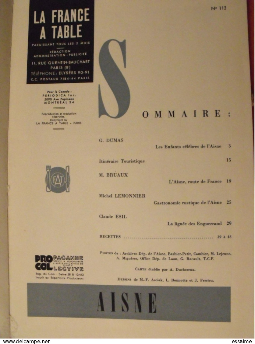 La France à Table N° 112. 1965. Aisne. Soissons Laon Chateau-thierry Saint-quentin Guise Liesse Urcel Braine Gastronomie - Tourisme & Régions
