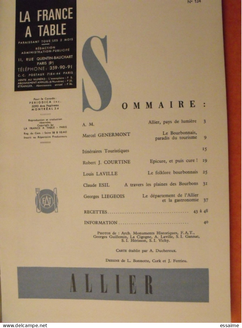 La France à Table N° 134. 1968. Allier. Souvigny Bourbon -l'archambault Moulins Montluçon Agonges Cérilly. Gastronomie - Tourism & Regions