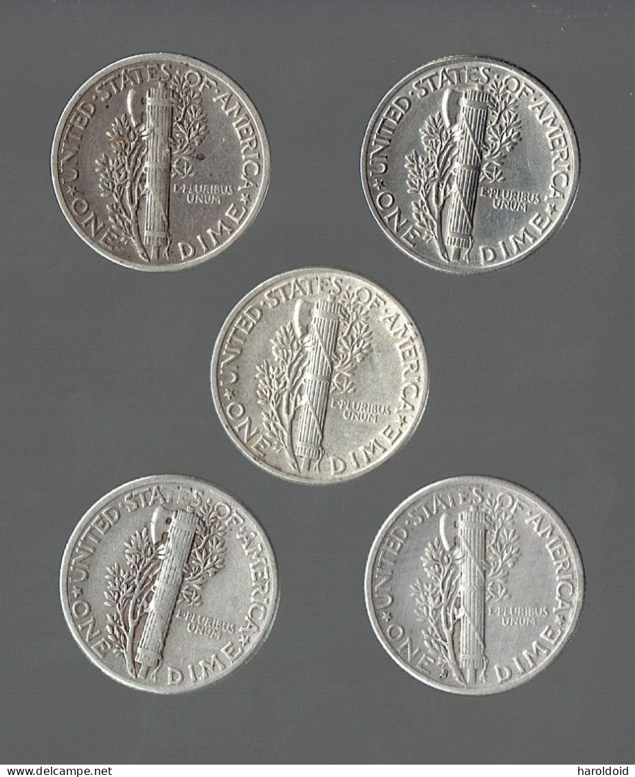 LOT 5 PIECES ETATS UNIS - 5 USA COINS - 10 CENTS MERCURY - 1929S - 1941 - 1942 - 1944 - 1945 - De TB à SUP - 1916-1945: Mercury (Mercure)