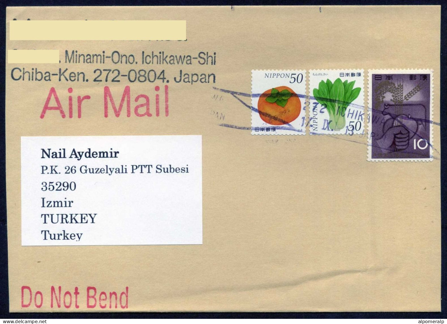 Japan 2013 Vegetable & Fruit | Air Mail Cover Used To İzmir From Ichikawa | Agriculture, Vegetables Fruits, Cattle, Hand - Gemüse