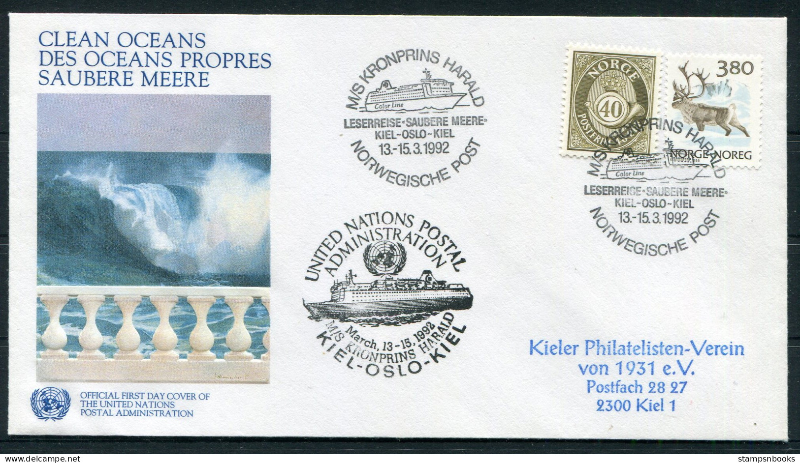 1992 Norway Reindeer M/S Kronprins Harald, United Nations, Ship Cover. Kiel - Oslo - Kiel - Lettres & Documents