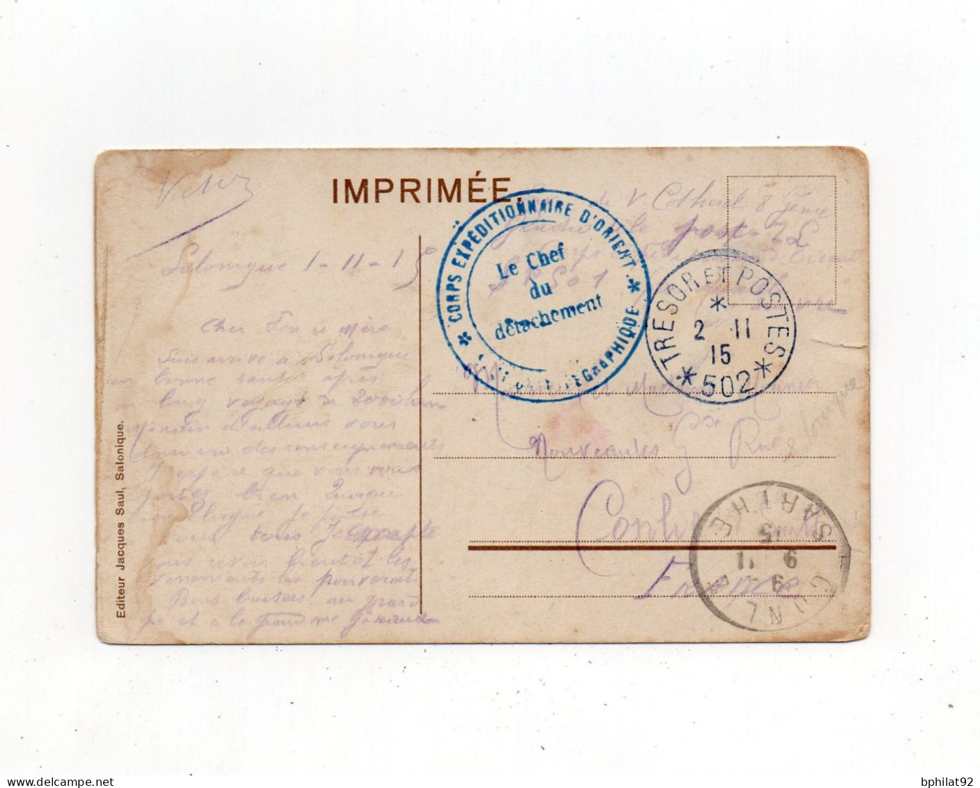 !!! CPA DE 1915 POUR LA FRANCE, CACHETS CORPS EXPEDITIONNAIRE D'ORIENT ET TRESOR ET POSTE 502 (SALONIQUE) - Brieven En Documenten