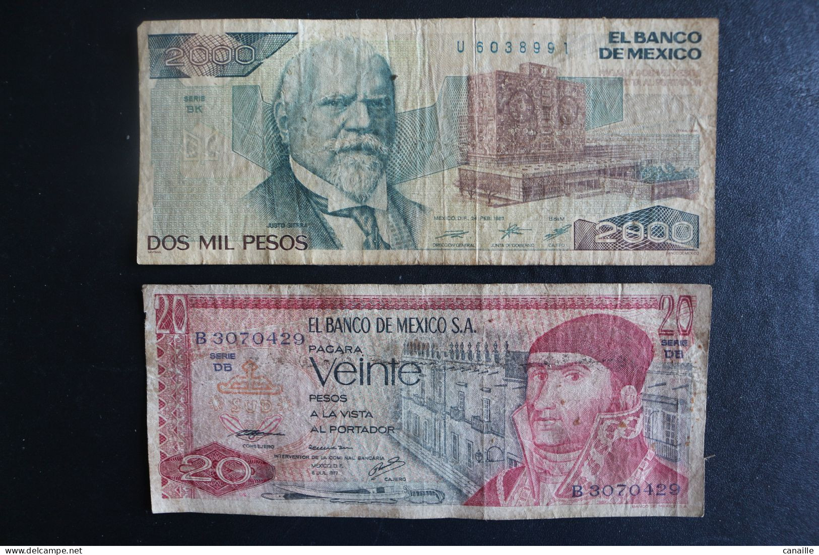 Lot De 2 Billet - Banco De Mexico S.A. Dos Mil Pesos (2000)  -  Mexico D.F. 24 Feb 1987 /  Veinte Pesos (20)  8 Jul 1977 - Otros – América