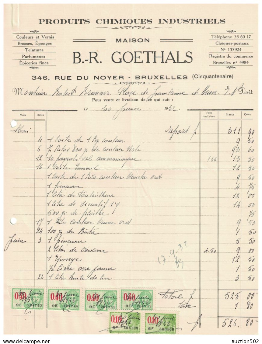 Facture 1932 B.- R. Goethals Bruxelles (Cinquantenaire) Produits Chimiques Industriels TP Fiscaux - Petits Métiers