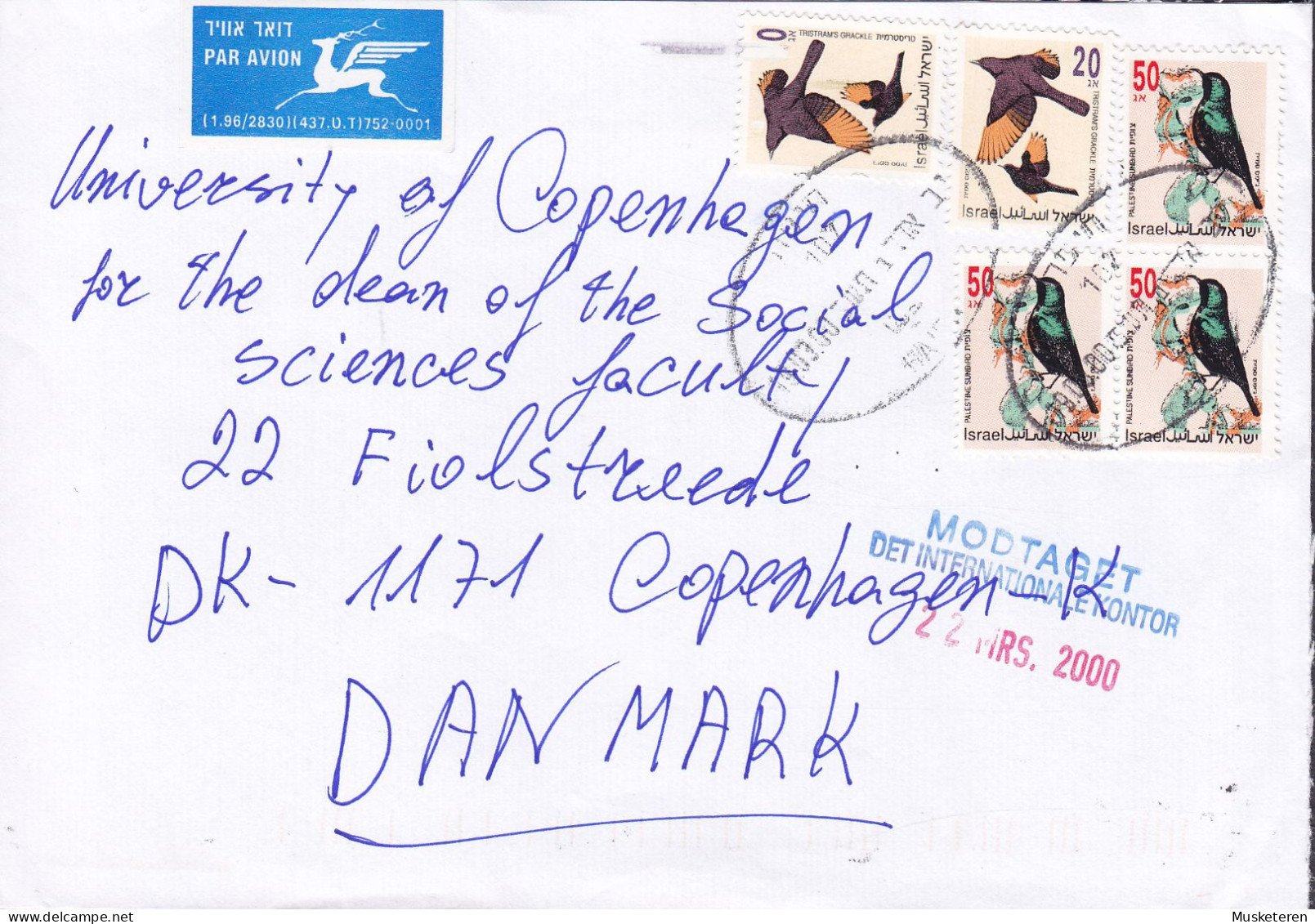 Israel 'Pegasus' PAR AVION Label KVUTZAT KINNERET 2000 Cover Brief University Of COPENHAGEN Denmark 5x Bird Vogel Oiseau - Lettres & Documents