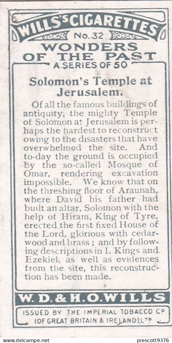 Wonders Of The Past 1926 - Original Wills Cigarette Card - 32 Solomons Temple, Jerusalem - Wills
