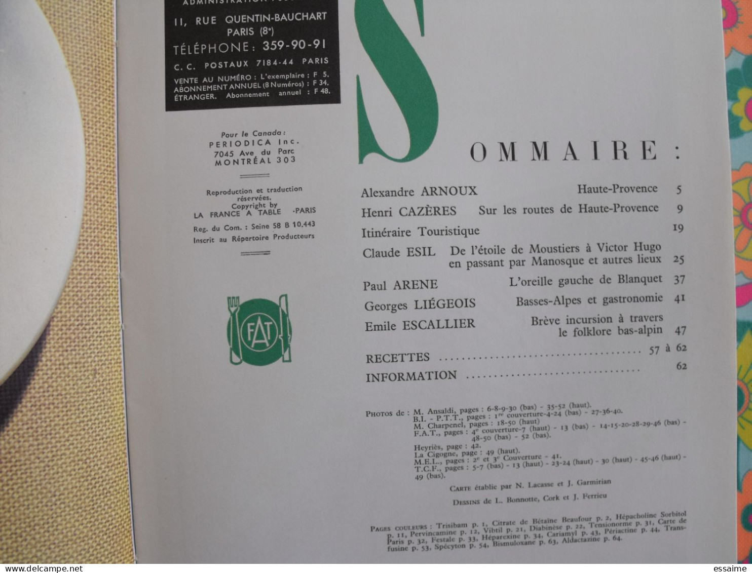 La France à Table N° 143. 1970. Basses-alpes. Moustiers Riez Digne Cazeres Colmars Entrevaux Barcelonnette. Gastronomie - Toerisme En Regio's