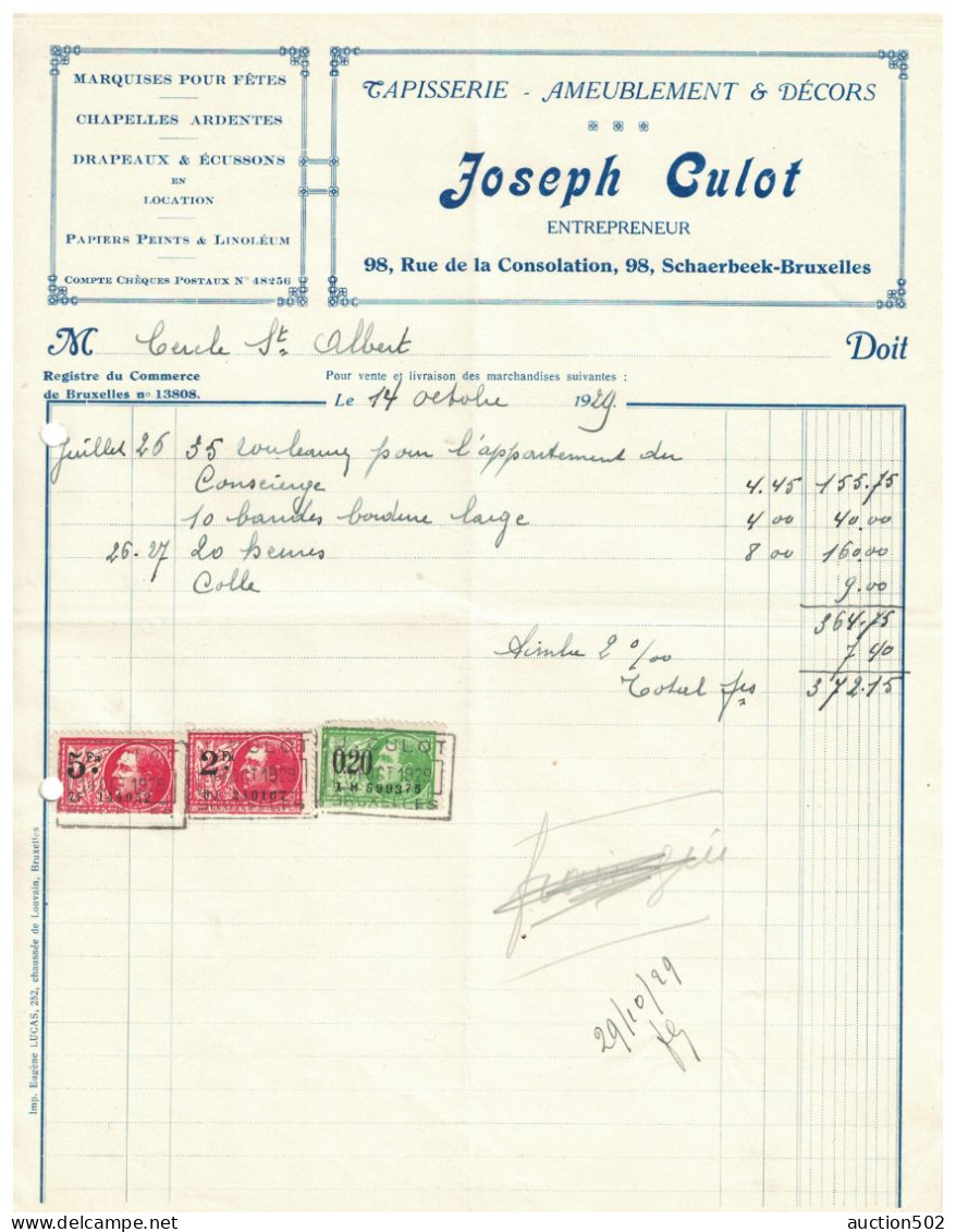 Facture 1929 Schaerbeek - Bruxelles Joseph Culot Tapisserie-Ameublement & Décors  TP Fiscaux - Straßenhandel Und Kleingewerbe