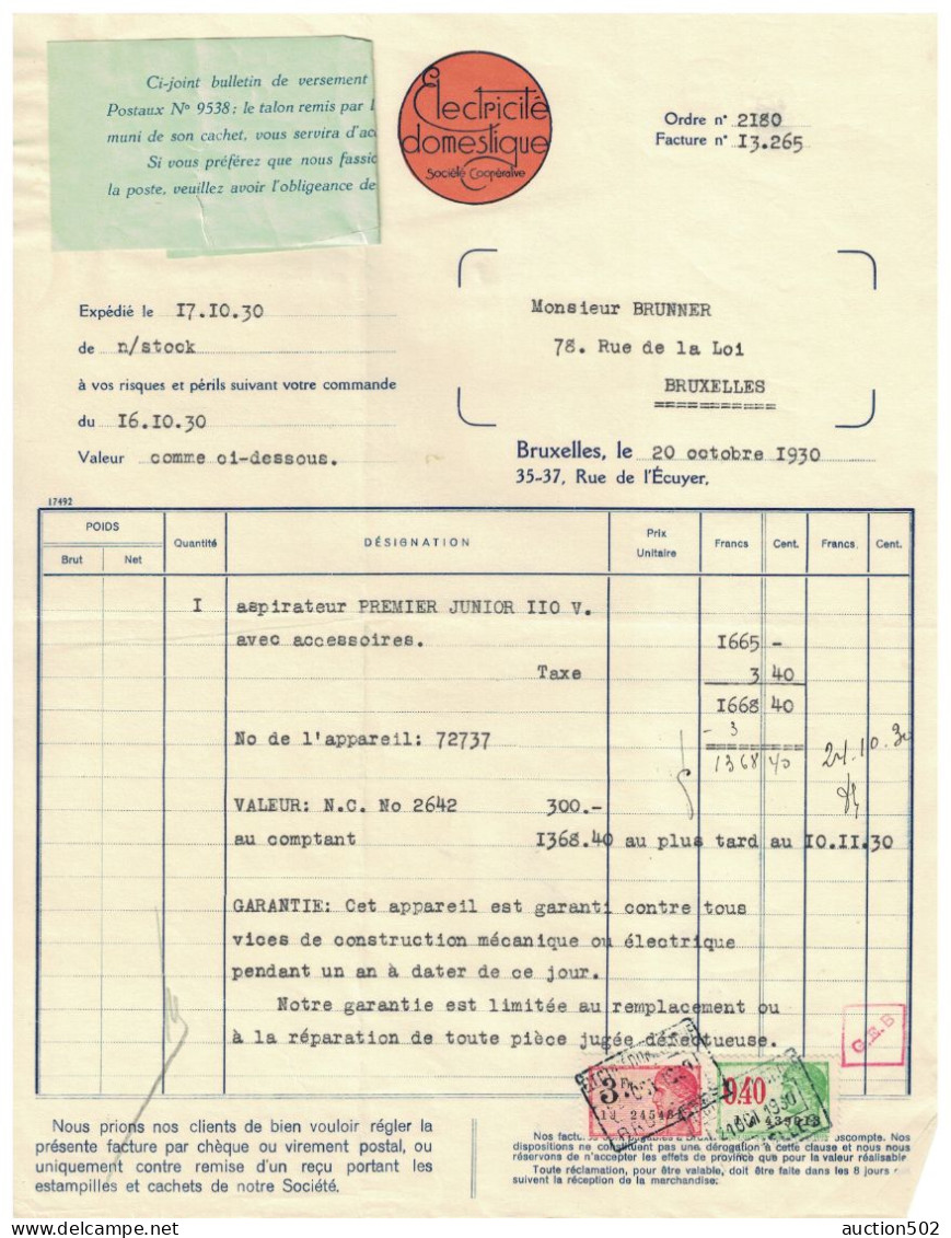 Facture 1930 Bruxelles Electricité Domestique TP Fiscaux - Elettricità & Gas