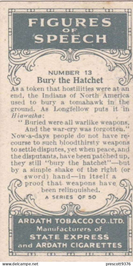 Figures Of Speech 1936 - Original Ardath Cigarette Card - 13 Bury The Hatchet - Player's