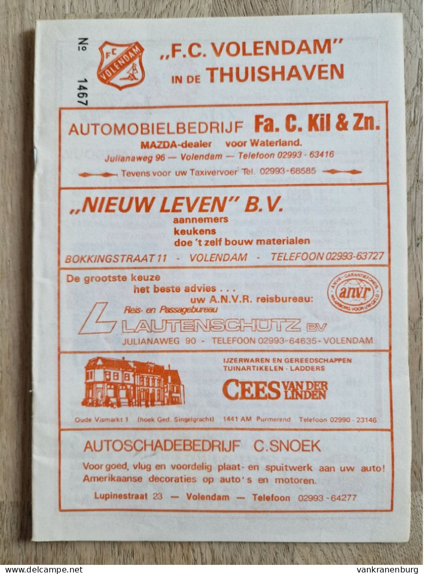 Programme FC Volendam - Ajax Amsterdam - 9.12.1984 - Eredivisie - Holland - Programm - Football - Boeken