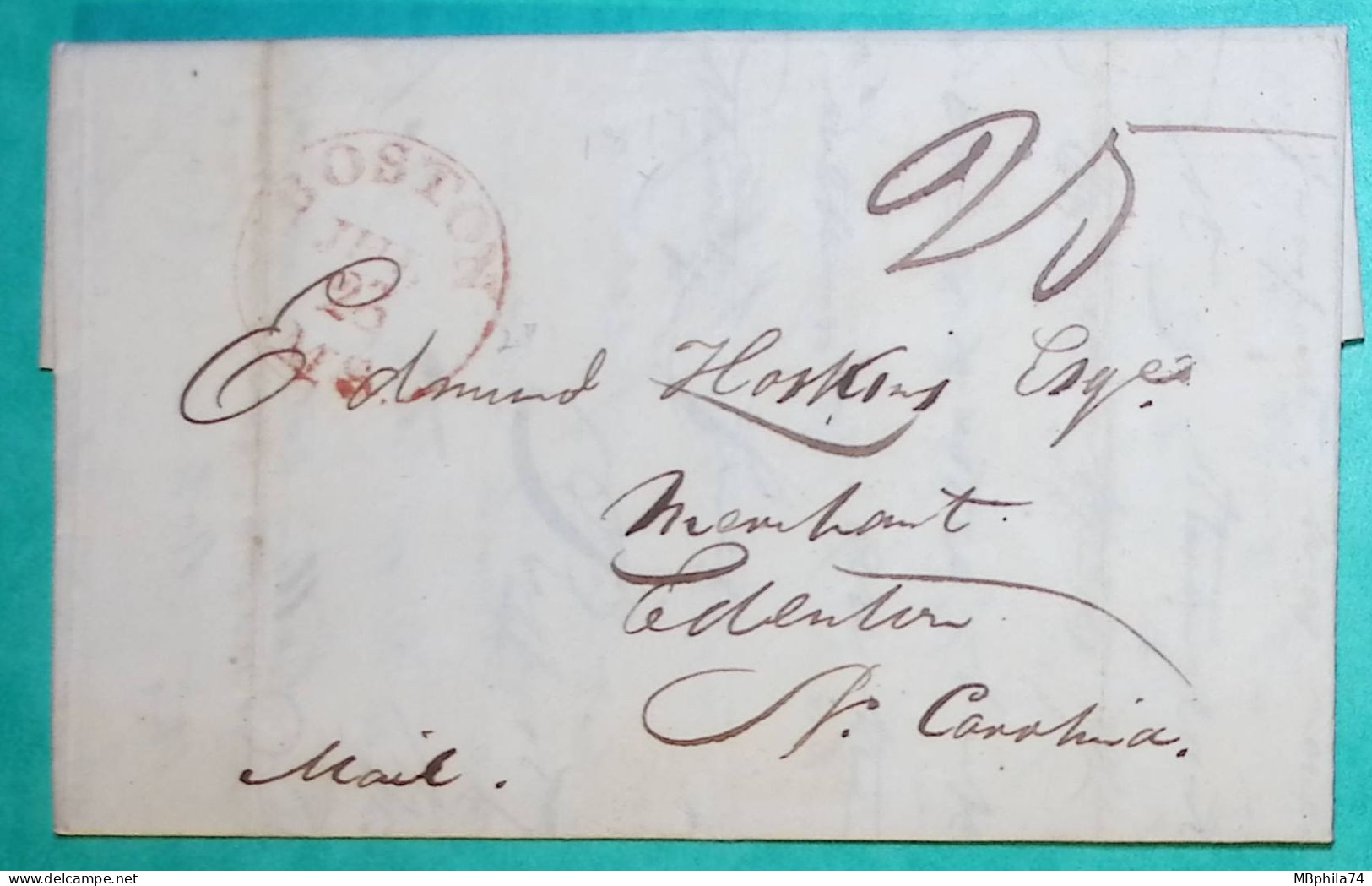 LETTRE LETTER BOSTON USA ETATS UNIS POUR FOR EDENTON CAROLINE DU NORD NORTH CAROLINA 1817 - …-1845 Prephilately