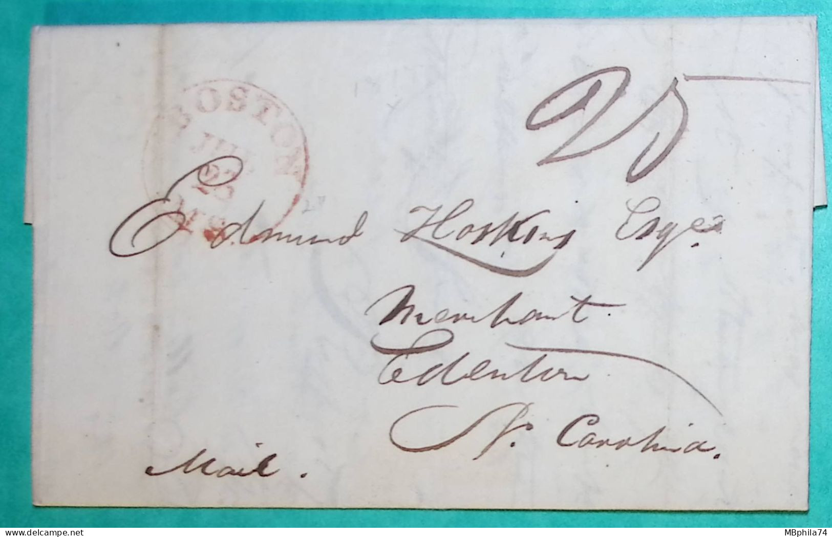 LETTRE LETTER BOSTON USA ETATS UNIS POUR FOR EDENTON CAROLINE DU NORD NORTH CAROLINA 1817 - …-1845 Vorphilatelie