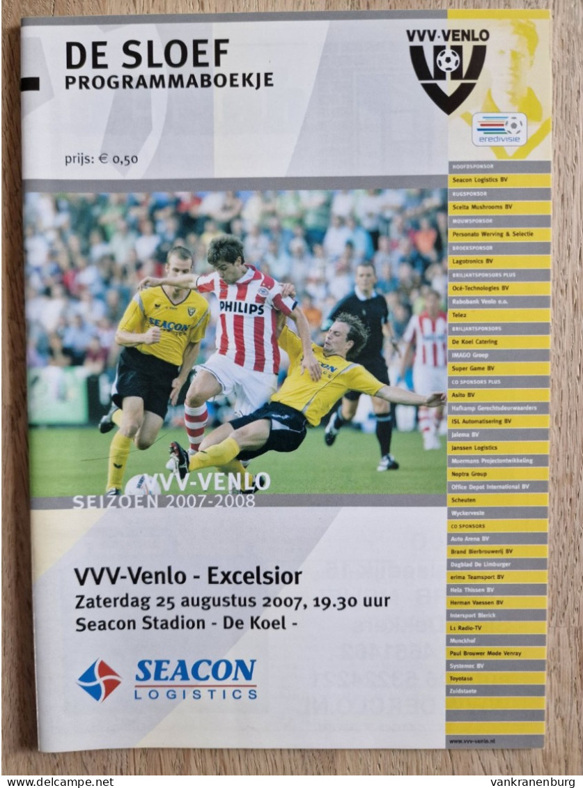 Programme VVV Venlo - Excelsior - 25.8.2007 - Eredivisie - Holland - Programm - Football - Libros