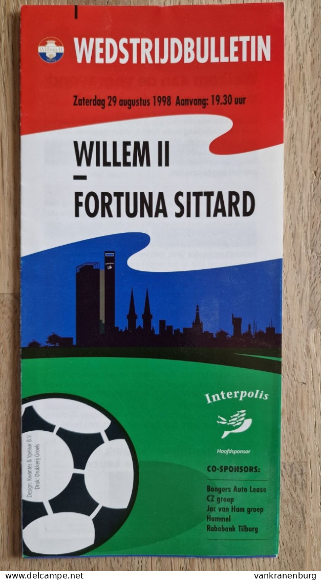 Programme Willem II - Fortuna Sittard - 29.8.1998 - Eredivisie - Holland - Programm - Football - Livres